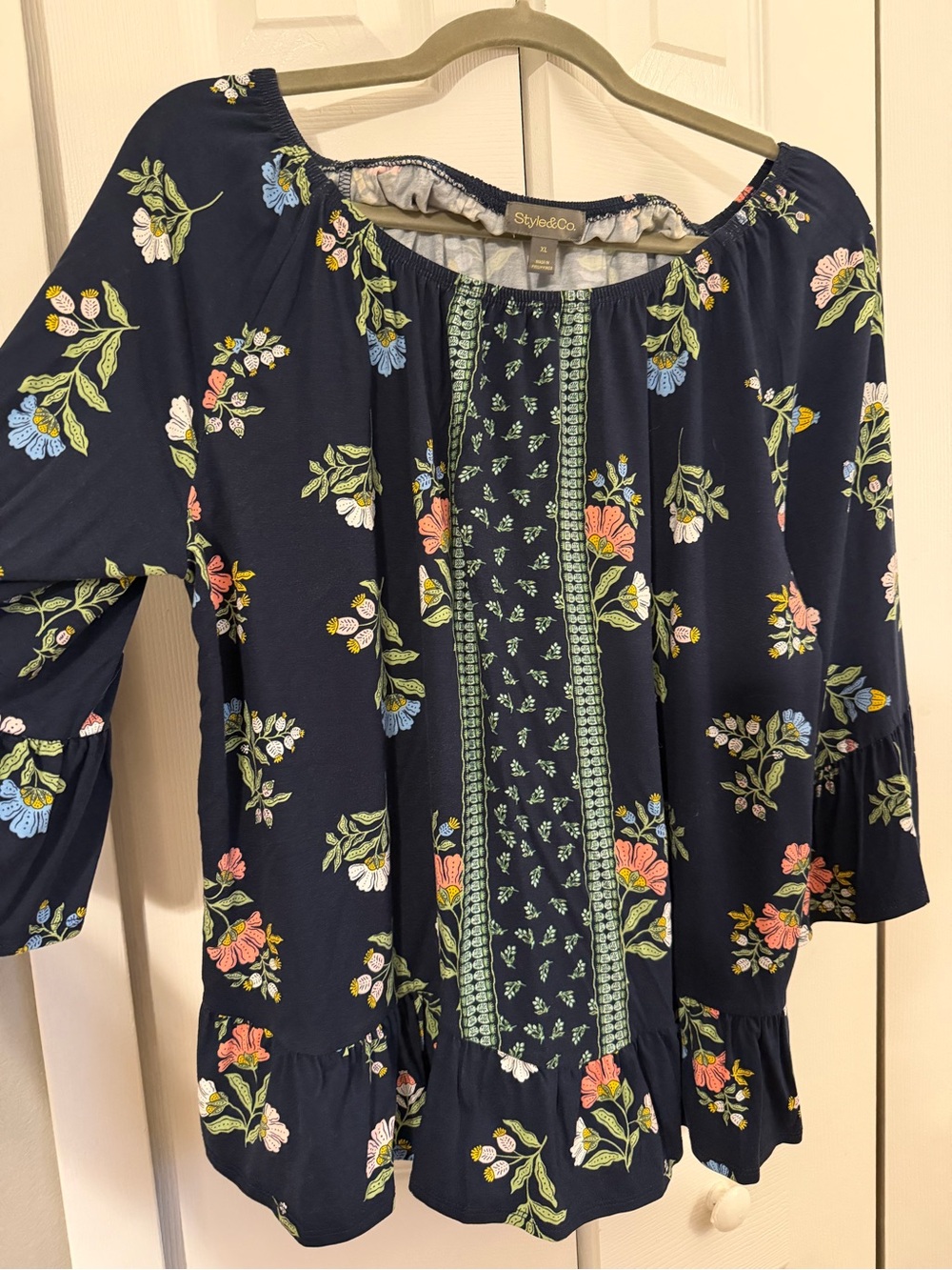 Style & Co. Navy Floral Peasant Blouse with Multicolor Blooms